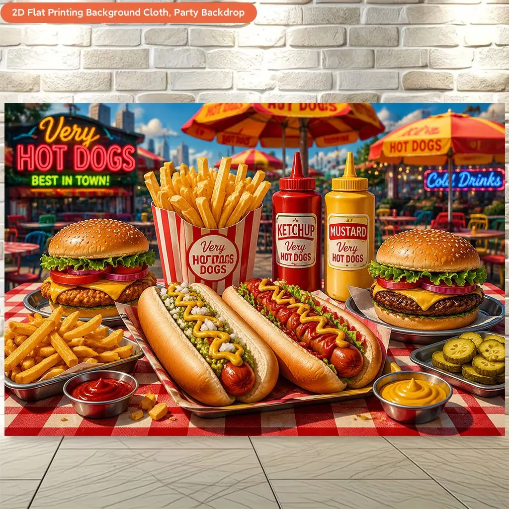 Vintage Hot Dog Burger Tapestry, Fast Food Wall Hanging, Retro Diner Kitchen Decor, American Snack Art, Restaurant Cafe Cloth