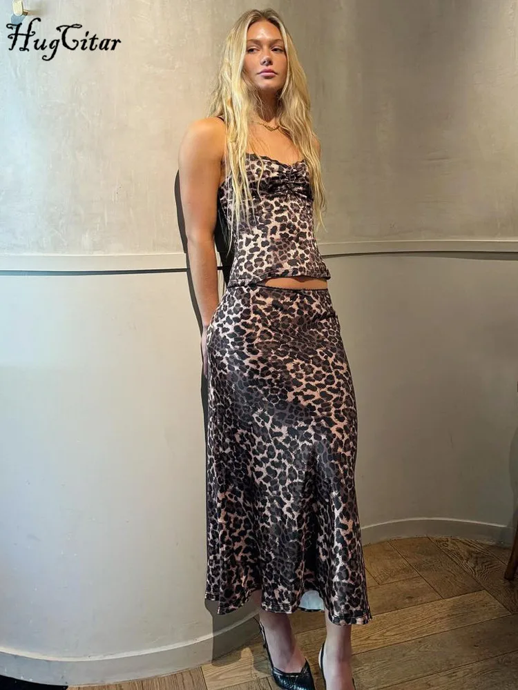 Hugcitar Fashion 2 Pcs Sets Leopard Print Patchwork Draped Bow Crop Camis Maxi Skirt Sexy Women Y2K New Clothes Beach Festival