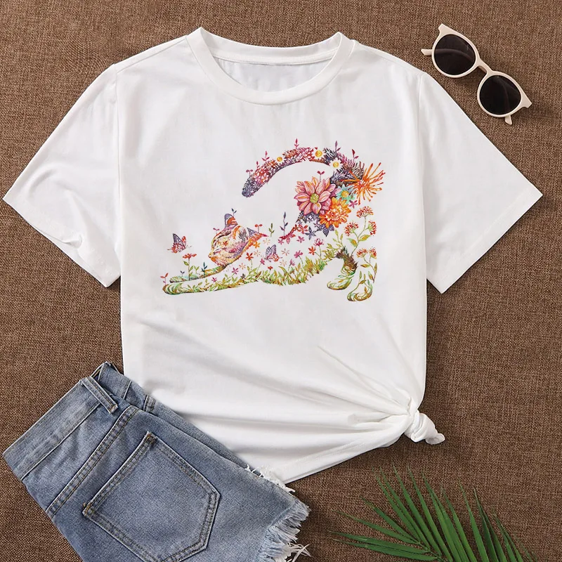 

Women Graphic Watercolor 90s Cartoon Fashion Clothing Summer Female Clothes Cats Print Casual Short Sleeve Tees Tshirt T Shirt