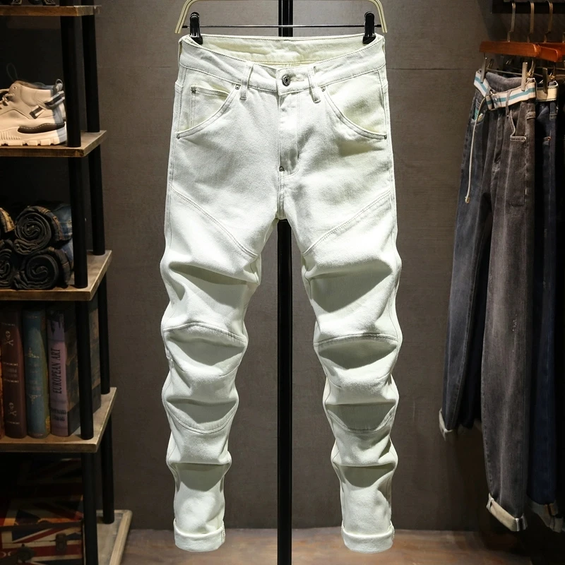 

Italian Fashion Men's White Stretch Retro Jeans Casual Zipper Pocket Splicing Motorcycle Pants Y2K Style Men's Clothing