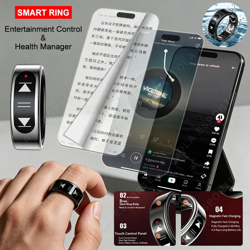 Touch Screen Smart Ring E-book Page Turning Music Control Sleep Health Monitor Sports Pedometer 5ATM Waterproof For Android IOS