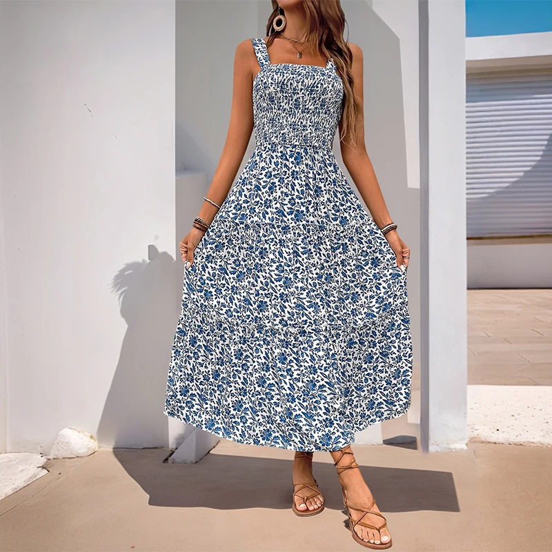 Women's Floral Square Neck Spaghetti Strap Smocked Waist Tiered Maxi Dress Summer Casual Flowy Daily Fashion Outfit