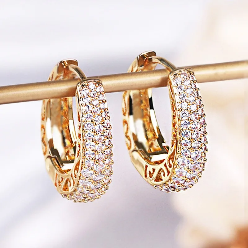 Korean Luxury Paved CZ Hoop Earrings for Women Gold Color Hollow Out Design Temperament Female Ear Accessories Wedding Jewelry