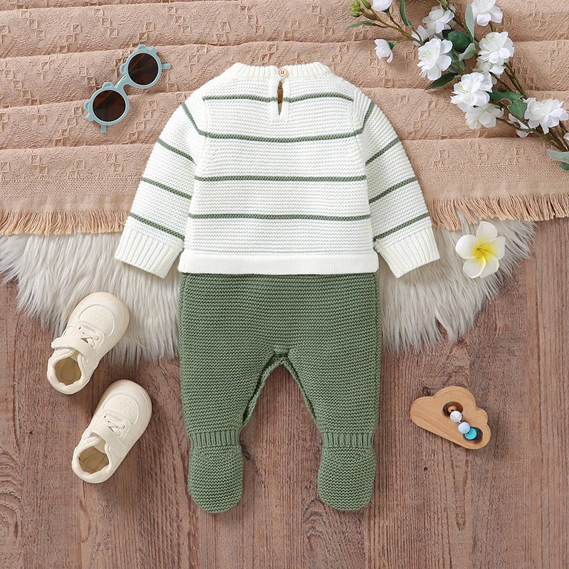 Baby Romper Knitted Infant Newborn Jumpsuit Fashion Striped Foot Wrap Warm Girl Boy Kid Clothes Long Sleeve 0-9M Overalls Autumn