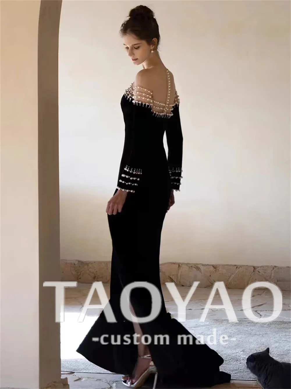 Elegant Black Evening Dresses O-Neck Ankle-Length Long Sleeves Wedding Party Dresses Beading Pearls Satin High Slit Prom Gowns