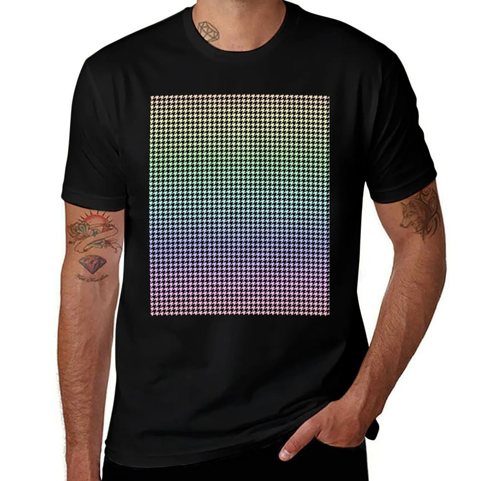Houndstooth Pattern Soft Rainbow Pastel Check T-Shirt Plus Size Lightweight Tee Shirt
