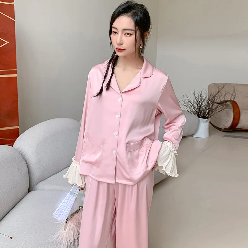 Elegant Home Clothing Rayon Sleepwear Pink Sleep Set Women Loungewear Sexy Lapel Shirt&pants Elegant Pyjamas Suit Nightwear