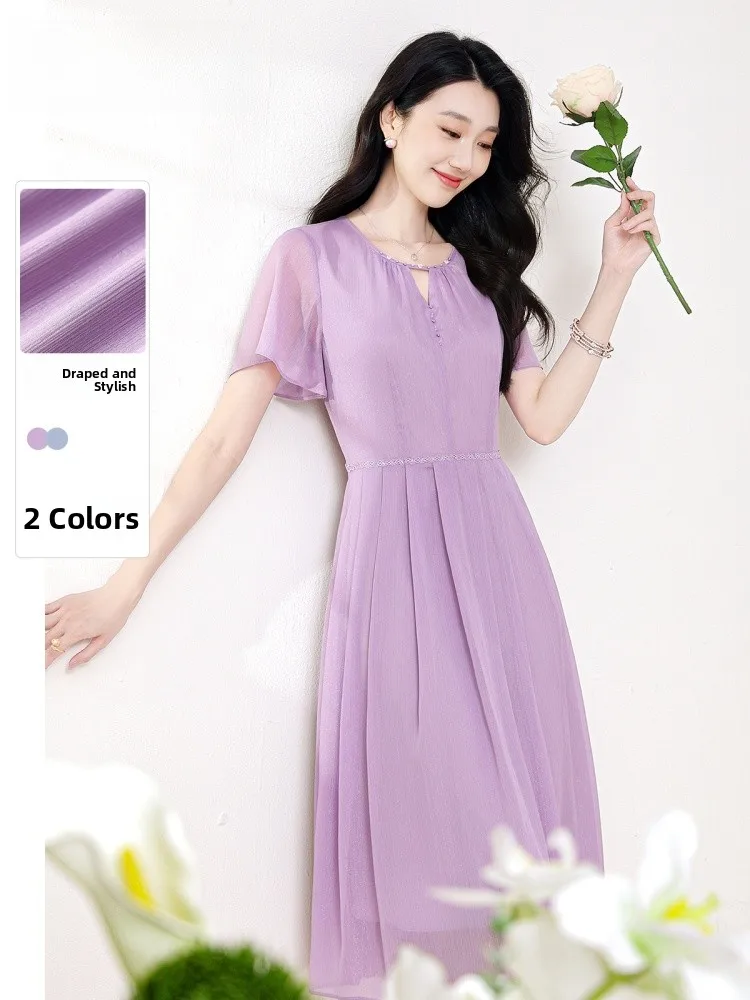 Ele Purple Midi Dr Perline rotonde Ne Summer Beach Vaion Gonna a pieghe da donna a trapezio Fibra di poliestere ort Sve