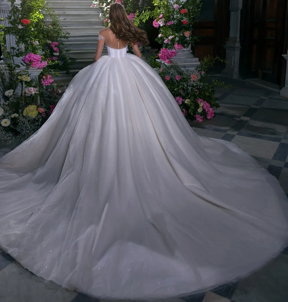 Ilusão do vintage alta pescoço vestido de baile vestido de casamento miçangas pérolas pescoço ilusão mangas completas tule noiva vestidos de noiva