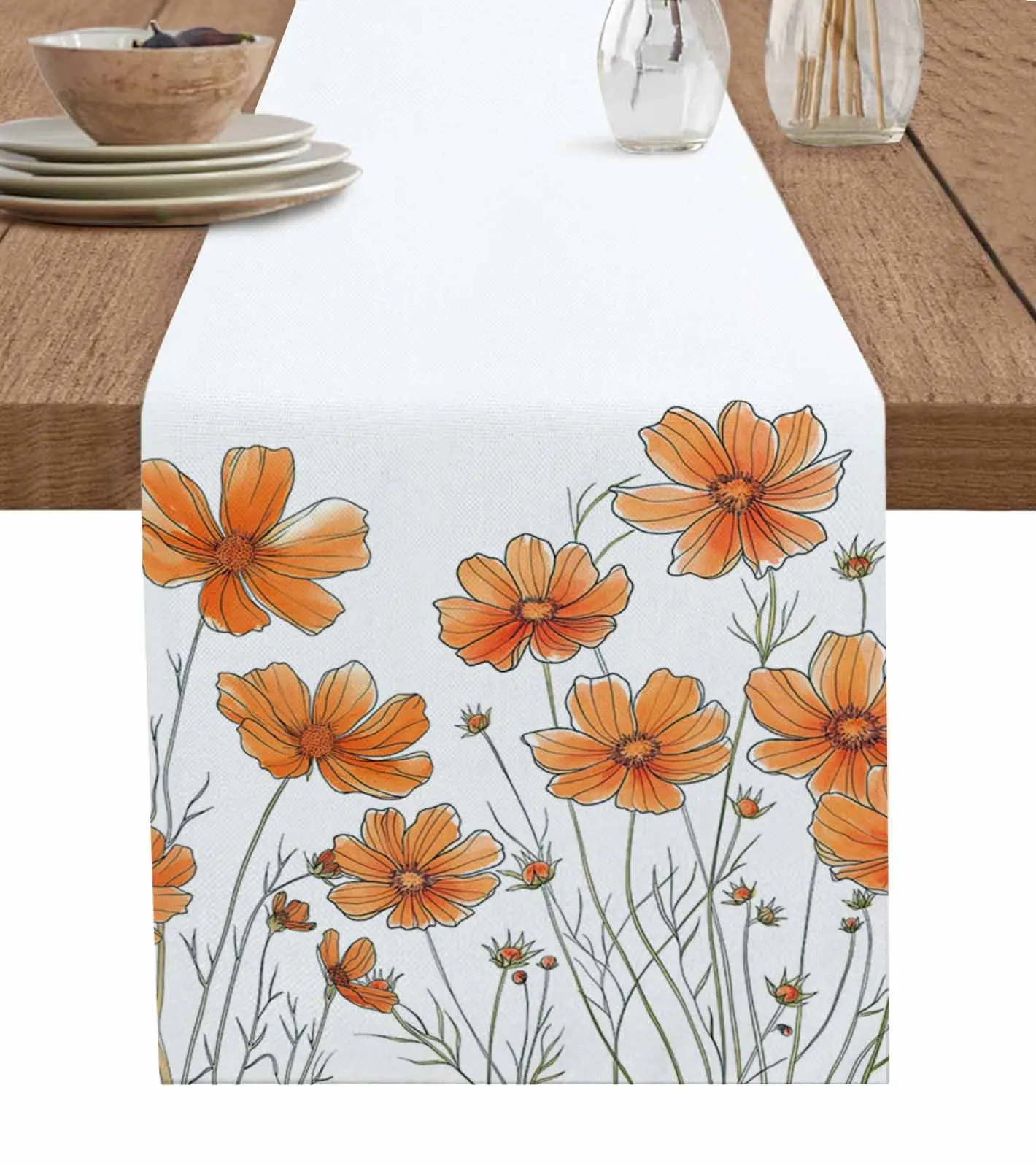 Minimalist Flower Watercolor Chrysanthemum Modern Linen Cotton Table Cloth Decoration For Home Wedding Christmas Party