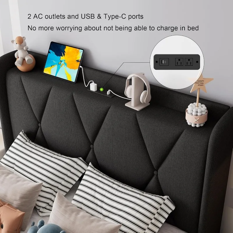 Bed Frame with 4 Storage Drawers, Upholstered Platform Bed Charging Station, Wingback Storage Headboard,Wooden Slats Support,