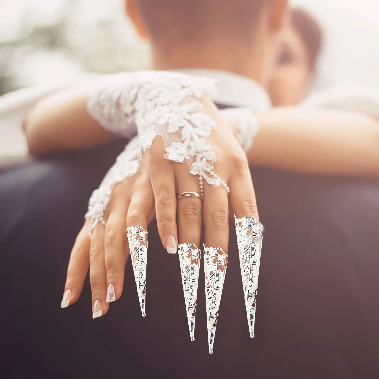 

10Pcs Alloy Finger Claw Rings Hollow Out Fake Nail Tip Covers Cosplay Belly Dance Fingertip Decoration Finger Claw