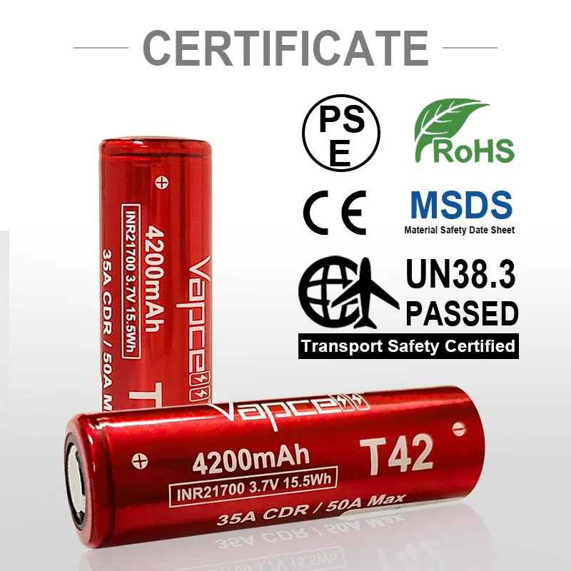 Original Vapcell T42 INR 21700 4200mAh 35A/50A 3.7V Battery For Flashlight Power Stronger Than 21700 vtc6A/40T/ P42A /LG H40 images - 6