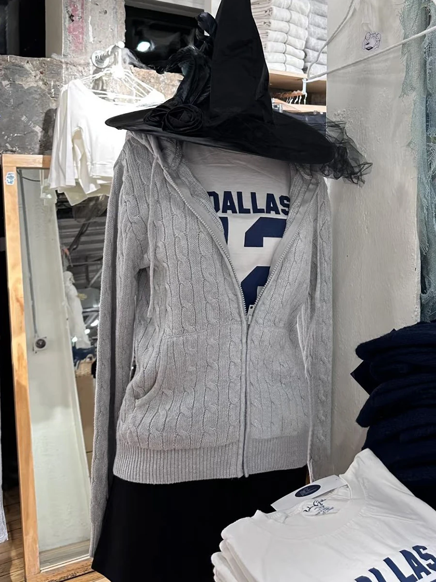 

Twist Flower Grey Sweater Cardigan Women Drawstring Hooded Zipper Long Sleeve Knitted Sweaters Coat Autumn Solid Cotton Knitwear