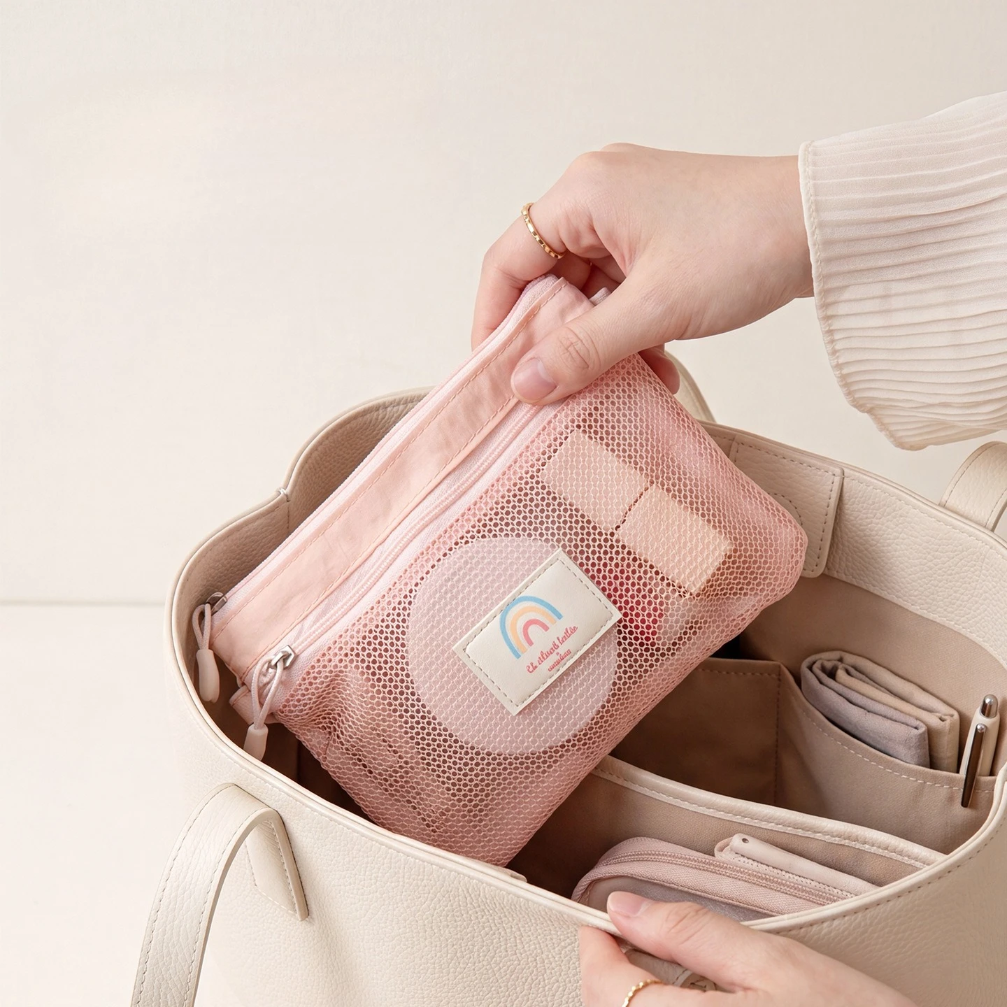Cute Mesh Travel Storage Bag Portable Cosmetic Pouch Multi Size See Through Grid Makeup Bag Small Purse Document Organizer
