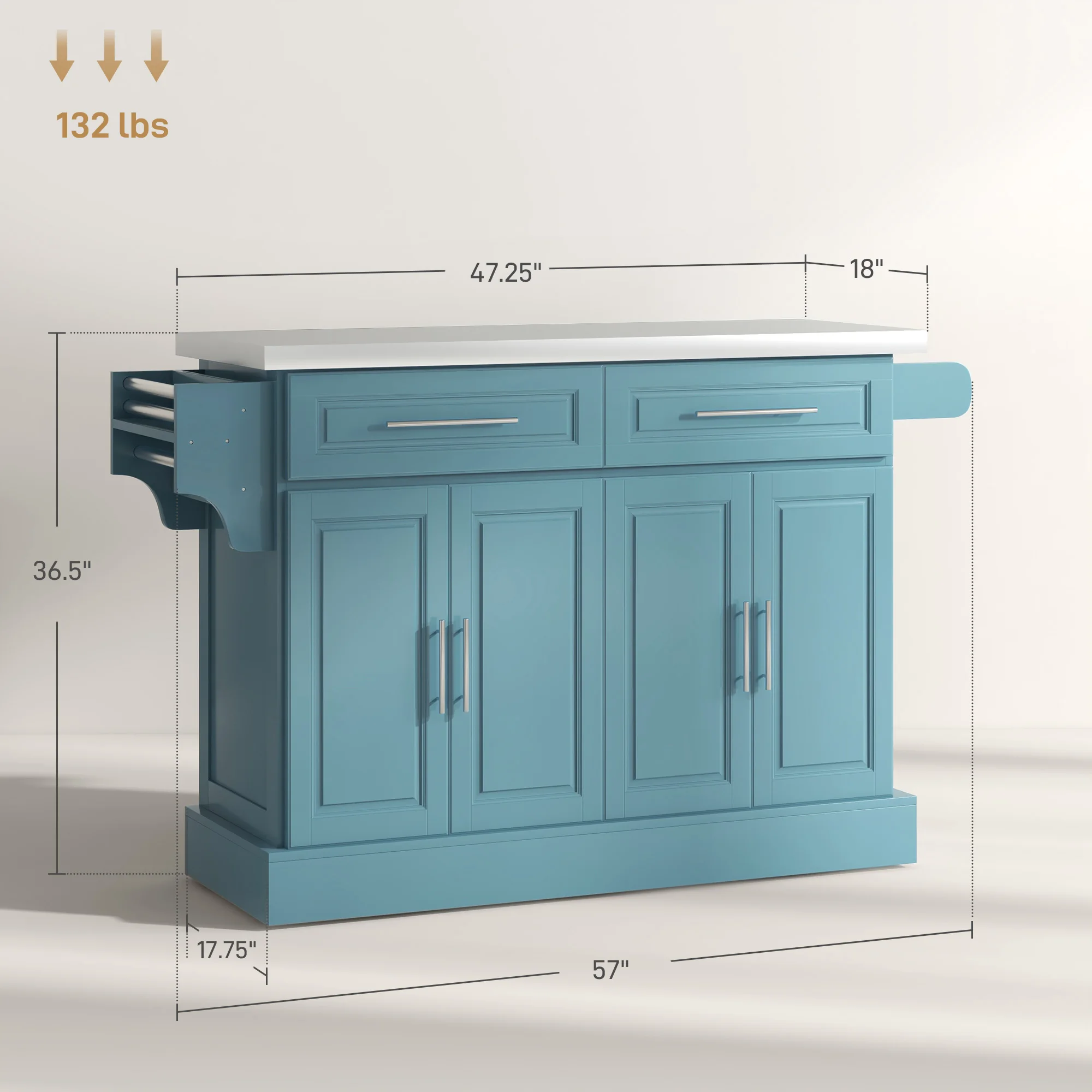 Rolling Kitchen Island with Cabinets and Drawers, Teal Blue