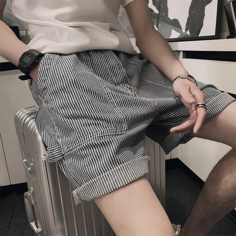 

Men's Casual Stripe Five-Point Denim orts Trendy Loose Summer Jeans Youth ular Straight Leg mid Waist Button Fly