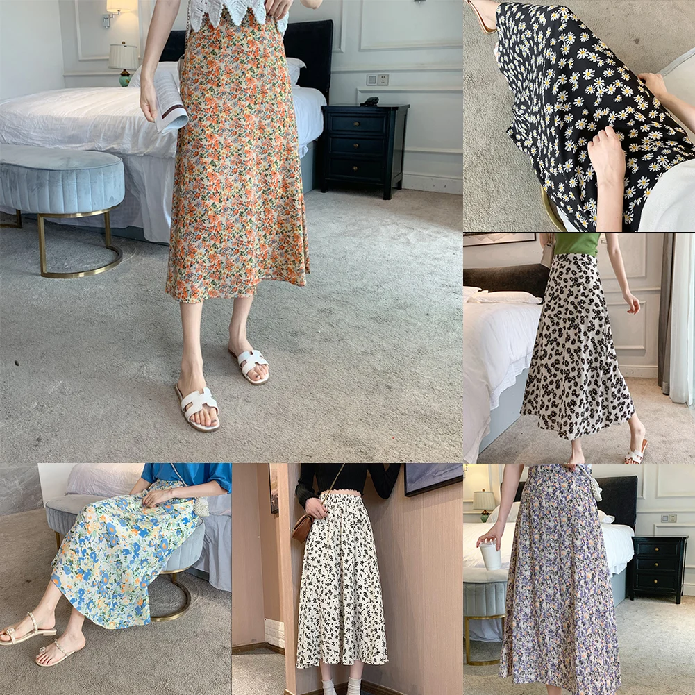 نادي اليومية عطلة خمر الأزهار تنورة الصيف النساء تنورة جميع المواسم العلامة التجارية الجديدة العادية طول حزام مطاط