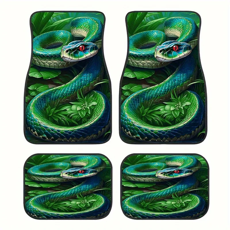 4pcs Jungle Snake Print Car Floor Mats, 2D Vivid Design With A Green Snake In Tropical Foliage, Durable Material And Clear Print