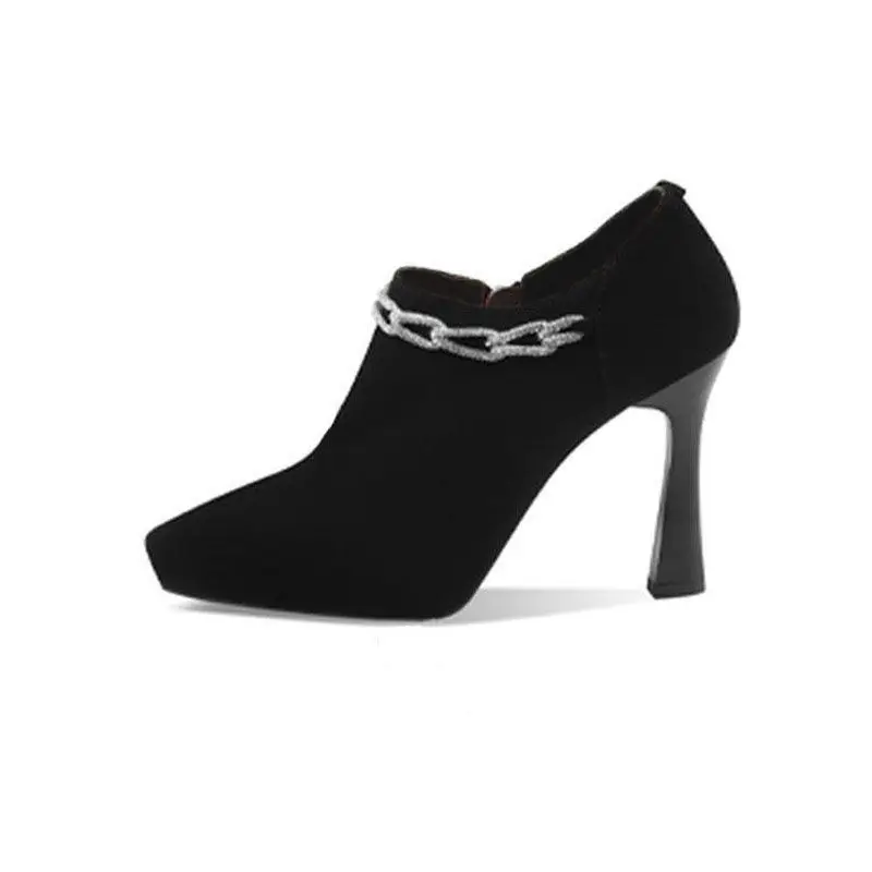 FHC 2024 nuovi tacchi alti con strass, scarpe floccate singole di forma profonda, décolleté da donna, cerniera laterale, punta a punta, nero, taglia