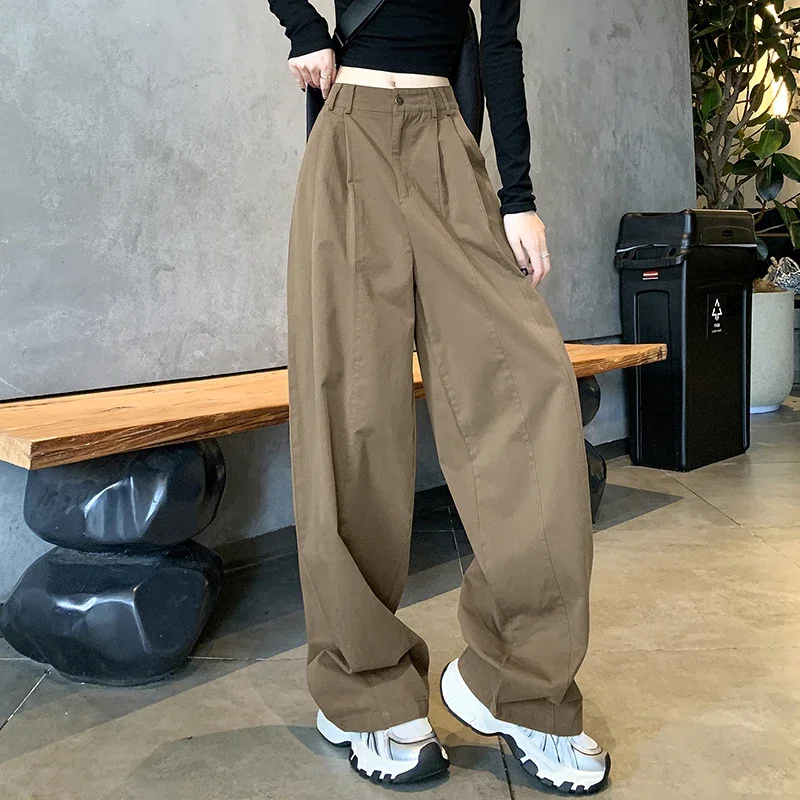 

Casual Cargo Pants Women High Waist Straight Leg Solid Color Full Length Office Lady Versatile Fashion Loose Trousers Female