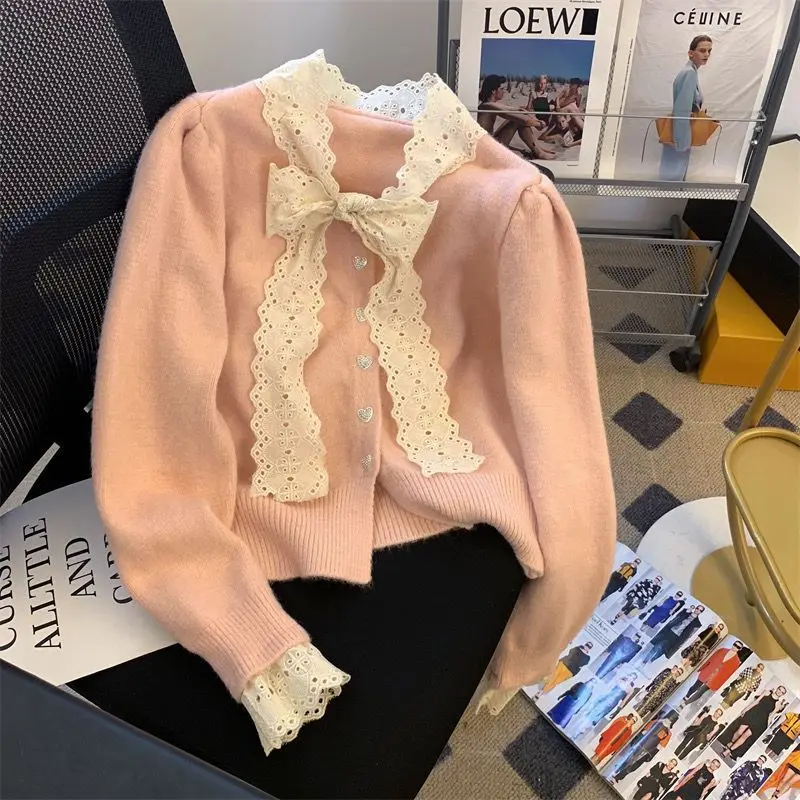 Lace Bow Knitting Cardigan Women Autumn Winter Elegant Slim Temperament Solid Color Sweater Coat Fashion All-match Knitwear Tops