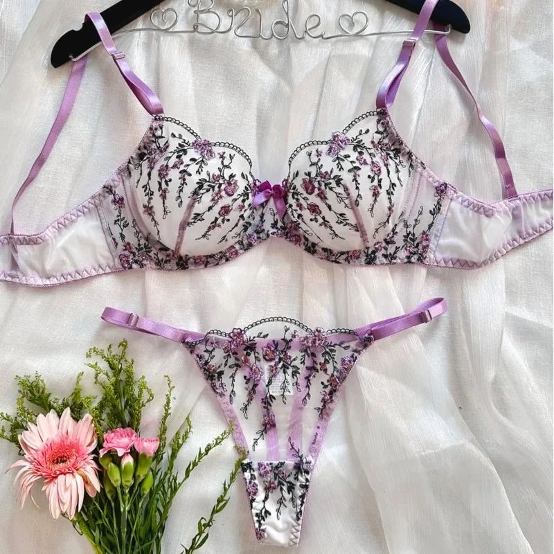 

Lingerie Sexy Hot Push-Up Bra Embroidered Tulle Underwear Set Women Sheer Mesh Exotic Fairy Intimate Wear Transparent 3-Piece