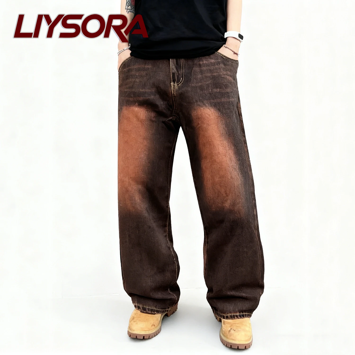 

Men's Autumn American Retro Baggy Brown Jeans Men Full Length Straight Deinm Pants Loose Jeans Pants Unisex Couples Clothes