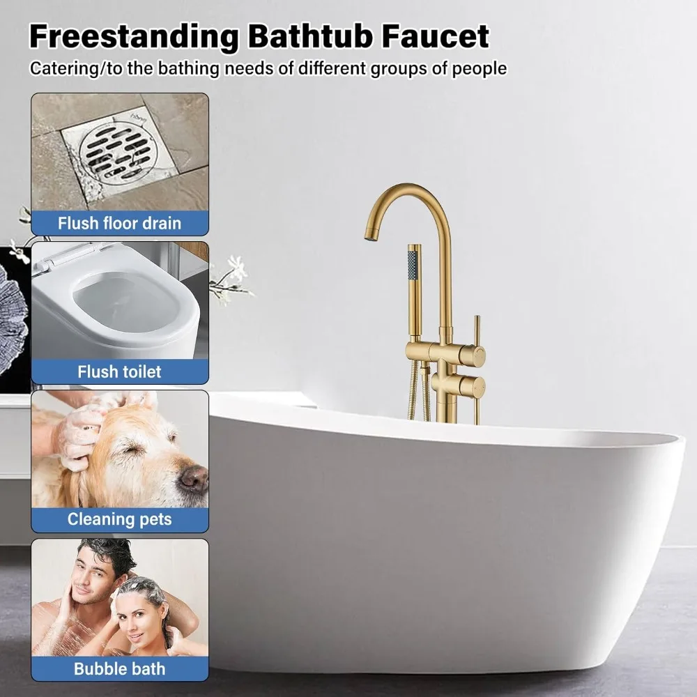 Grifo de bañera independiente con montaje en suelo y acabado en oro cepillado, sistema de ducha de alto flujo que incluye mezclador de ducha de mano Ta