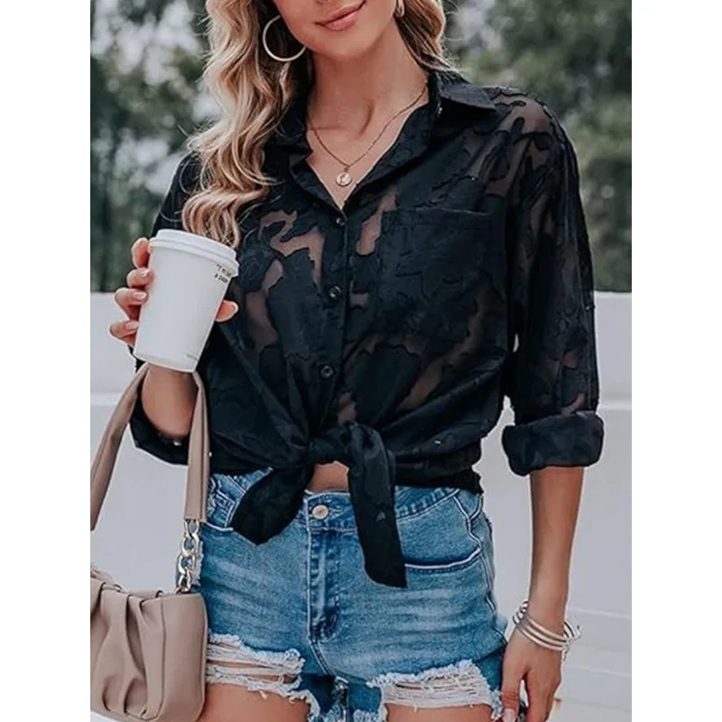 

Tinaa See-Through Black Shirts for Women 2026 Spring Summer Casual Turn Down Collar Long Sleeve Button Blouses Tops 195242