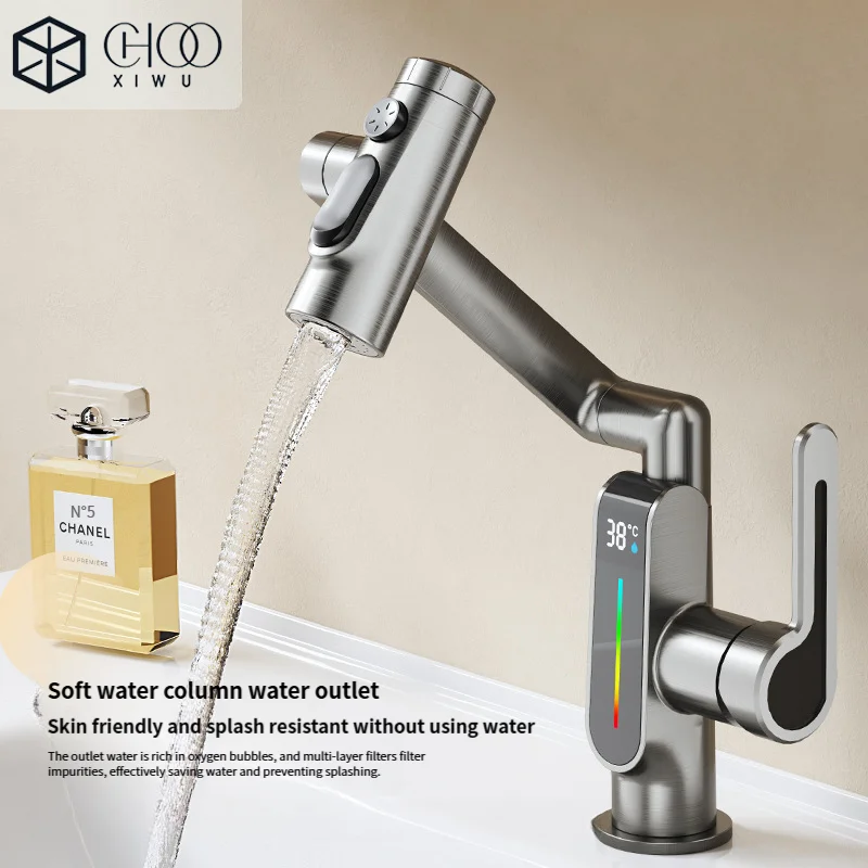 

Digital Display Bathroom Basin Faucet Pull Out 3 Ways Nozzle Rainfall Stream Sprayer Crane Lifting Hot Cold Water Mixer Tap