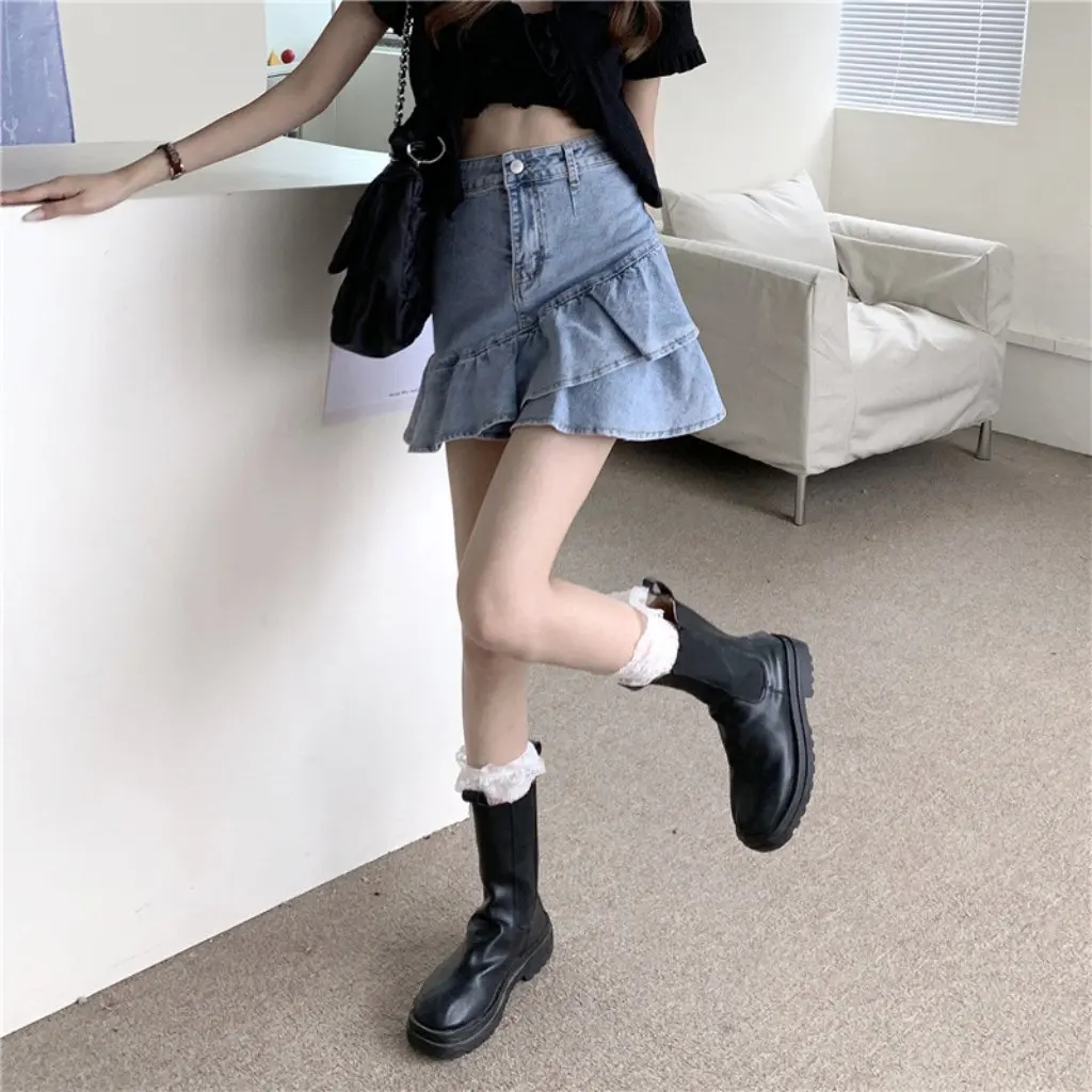 

Blue Denim Skirt for Women High Waist Ruffled Fishtail Slimming Short Trendy Summer New Spice Girl Style