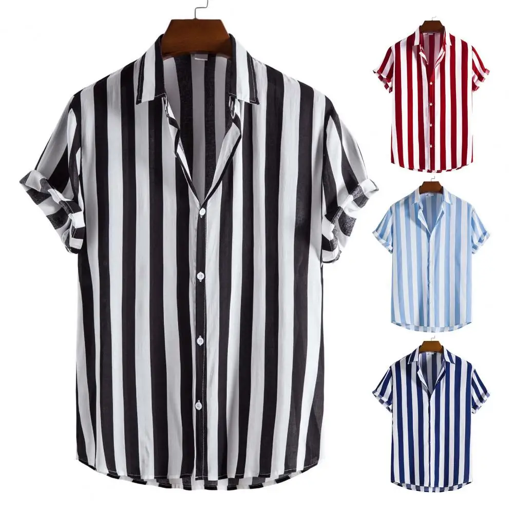 

Casual Men Striped Shirt Brand Stand Collar Streetwear Short Sleeve Button Stylish Camisa Hombre Leisure Fashion Tops Beachwear