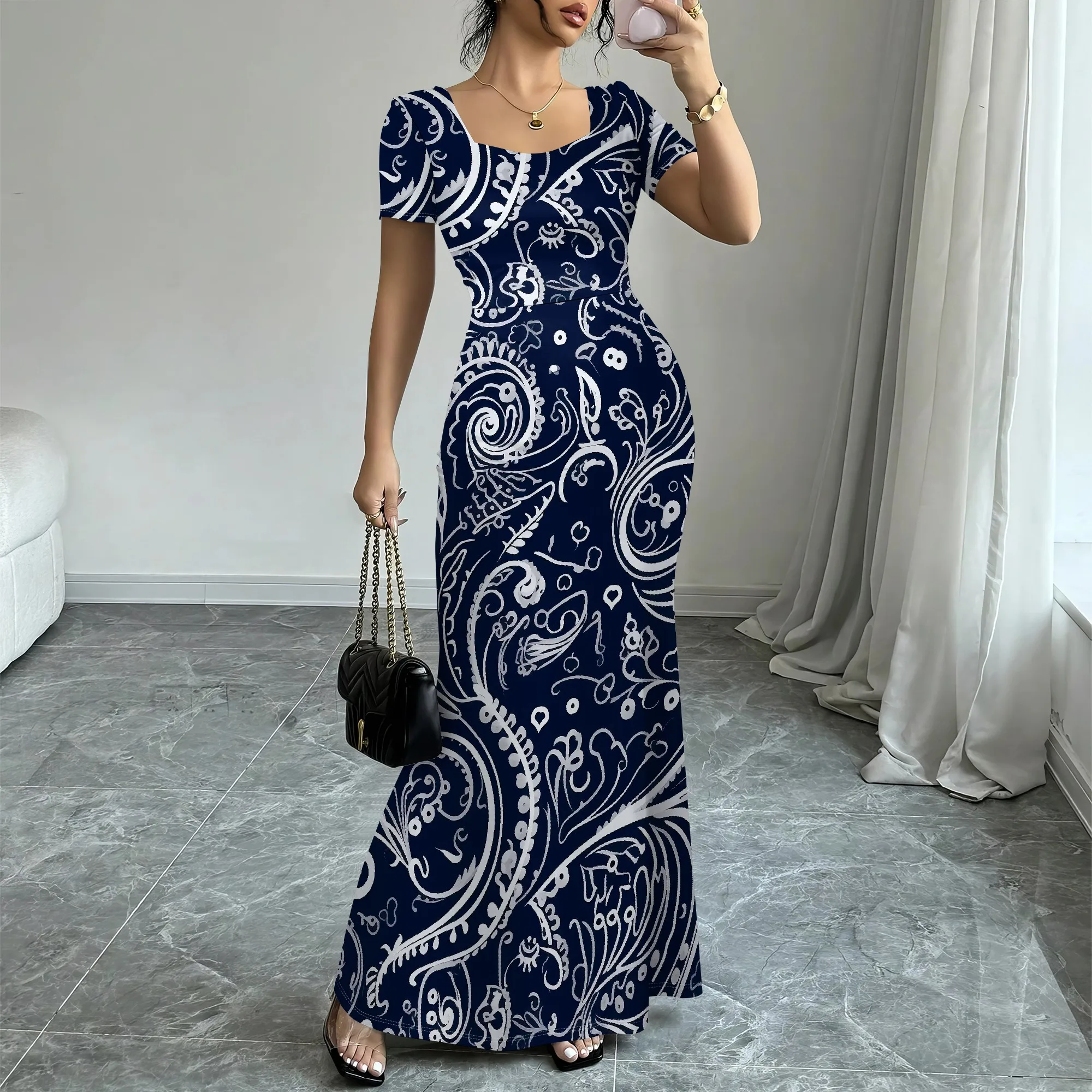 

Elegant Paisley Print Maxi Dress for Women 2025 Short Sleeve Bodycon Long Dress Slim Fit Mermaid Style Church Party Look XS-3XL