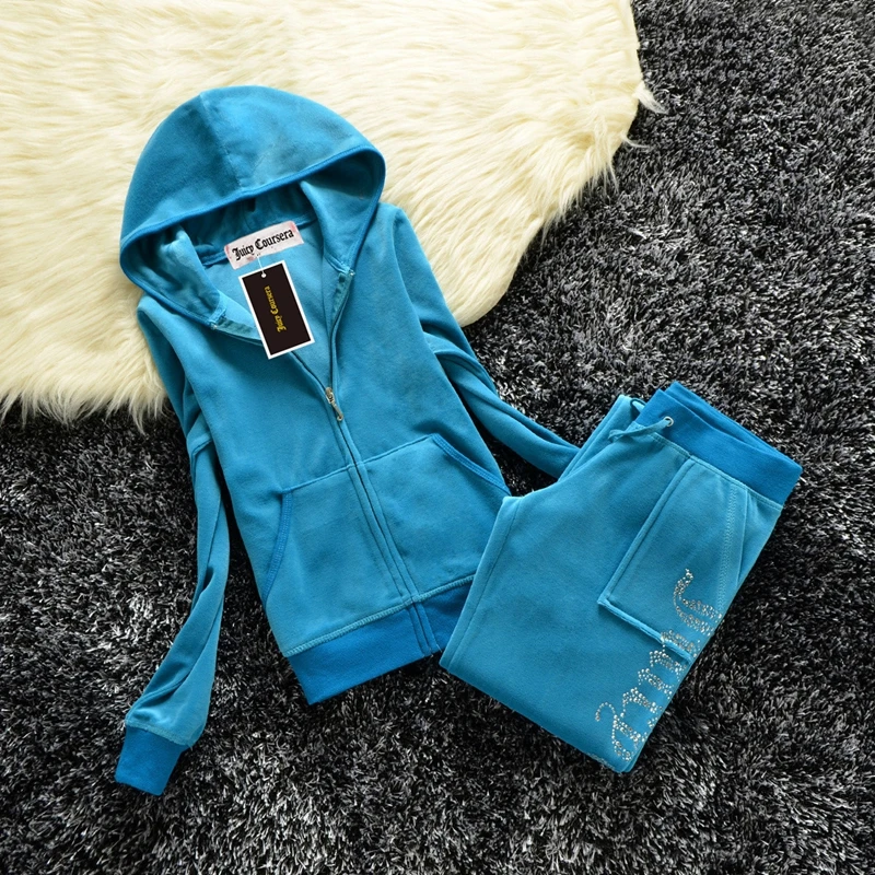 JUICY Tracksuit Velvet New 2024 Fall Winter Casual Rhinestone Hooded Jacket Y2K Women's Velours Short Sets