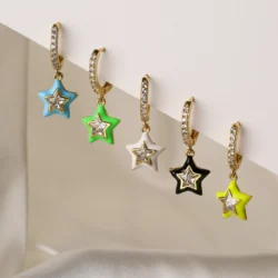 HECHENG,Multicolor Star Piercing Huggie Earrings for Women Cute Enamel Pendant Hoop Earring Jewelry cz 18K plated