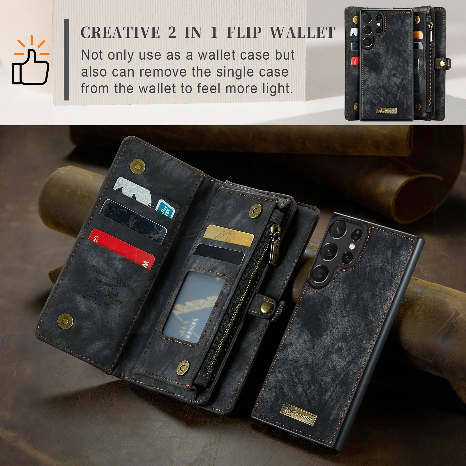 Business Detachable Wallet Zipper Flip PU Leather Phone Case For Samsung Galaxy S24 S23 S22 S21 S20 FE S10 Plus Note10 20 Ultra