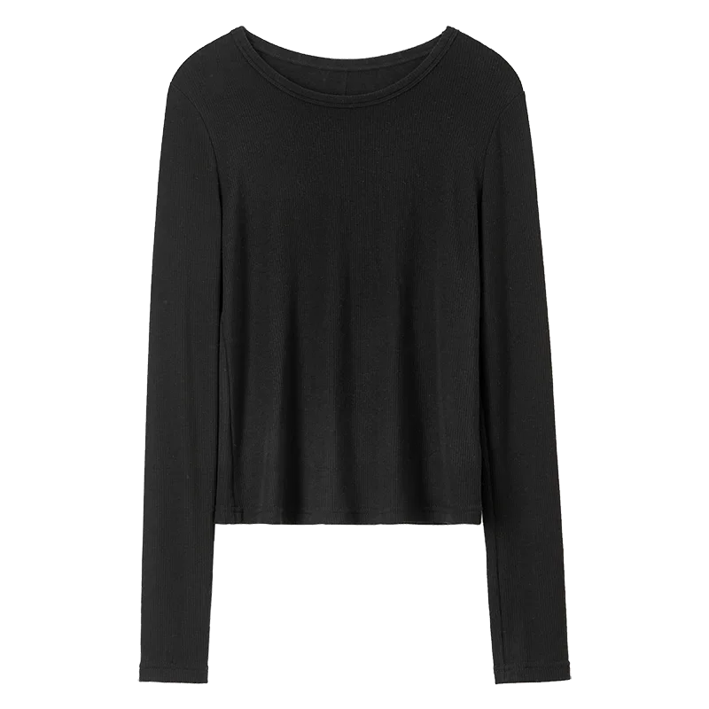 เสื้อยืด SENTUBILA รุ่น Simple Basics สำหรับผู้หญิง ฤดูใบไม้ผลิ/ฤดูใบไม้ร่วง ปี 2025 สีดำ ผ้าถัก แขนยาว เสื้อสวมหัว เสื้อยืด เสื้อผ้าผู้หญิง รุ่น 143T56855