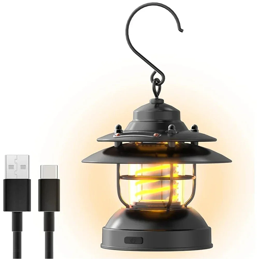 LED Camping Lantern,Mini Rechargeable Retro Warm Camp Light,Metal Vintage Portable Waterproof Hanging Lamp,Outdoor Tent Bulb