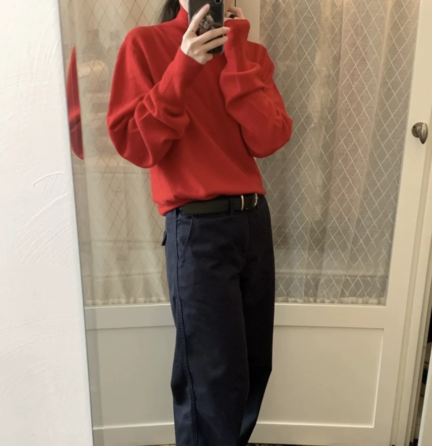 부드러운 울 하이넥 니트 스웨터 여성용 베이스 레이어 출퇴근용 긴 소매 순색 가을 겨울 패션