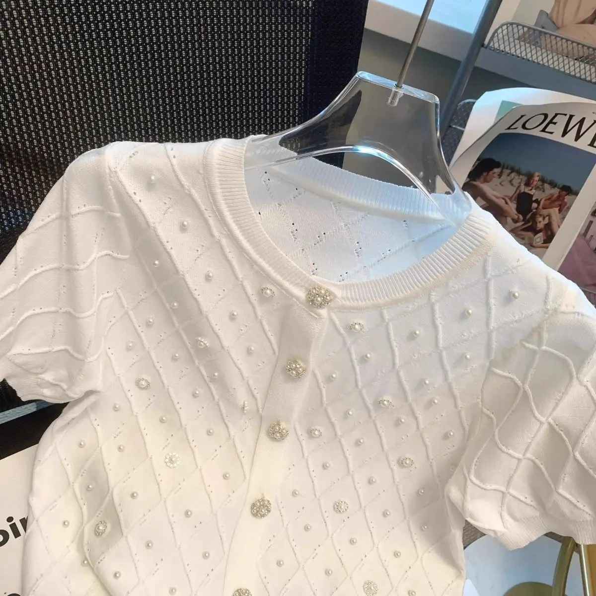 Vintage Beaded Slim Knit Cardigan Women White Knit Shirt Summer V-neck Pearl Button Thin Short-sleeved Tops High-end Design Coat