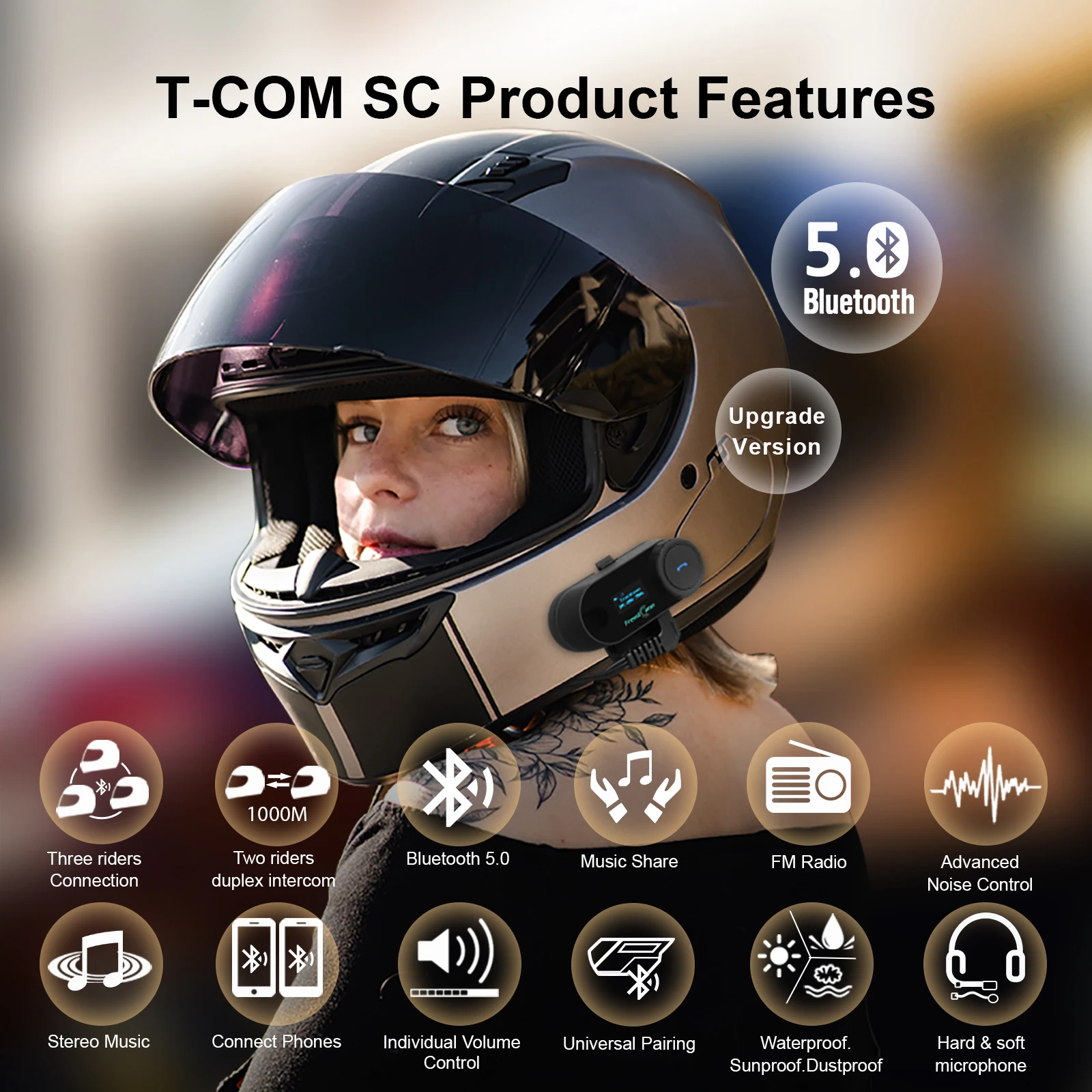 FreedConn Motorcycle Helmet Headset Intercom Bluetooth MOTO Communicator Screen Showing Music FM 1000m Interphone for 6 Riders