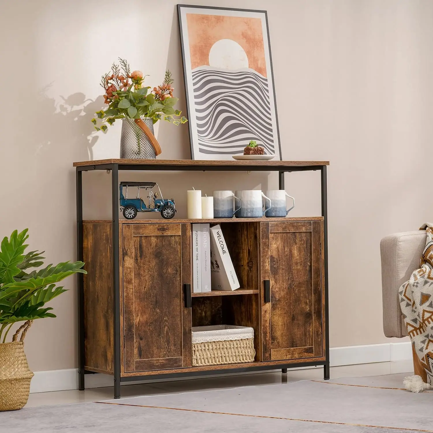 Usikey-Armoire de Rangement avec 2 Portes, Armoire de Planche, Armoire de Cuisine avec Étagères Réglables, Compartiment Ouvert, Buffet de Rangement