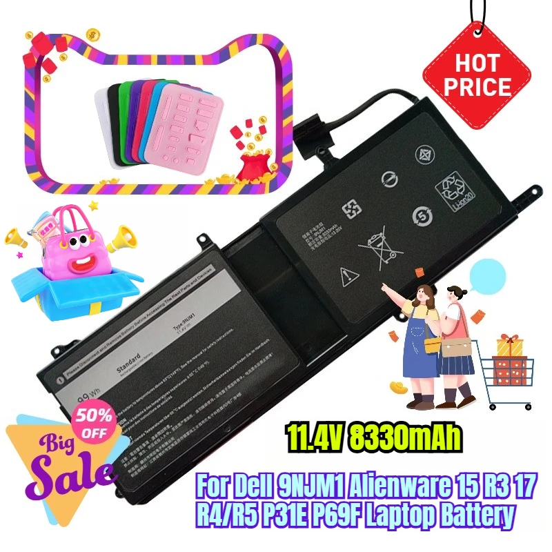 

11.4V 8330mAh for Dell 9NJM1 Alienware 15 R3 17 R4/R5 P31E P69F Laptop Battery