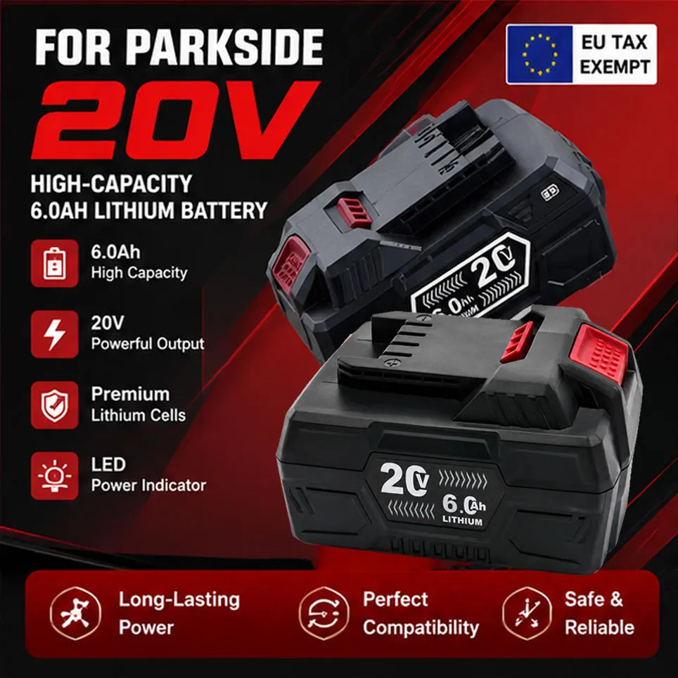 Für Parkside X20V 20V 6Ah Lithium-Akku, Ersatz für PAP 20 B3 A3 PAPS 208 A1, Elektrowerkzeug-Akku für Kettensäge, Bohrmaschine, Rasenmäher