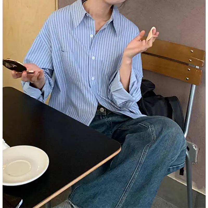 Camicetta Primaverile a Righe Blu per Donna, Stile Coreano, Maniche Lunghe, Casual e Dolce