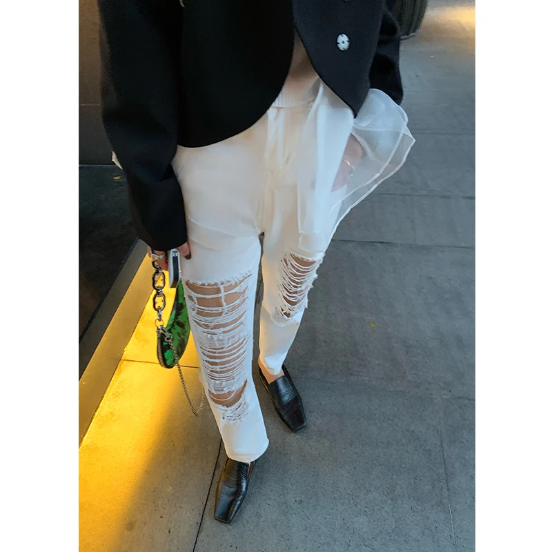 

Trendy White Hole Denim Jeans Women's Long Spring Summer High Waist Faded Effect Warm Pencil Pants Ladies Fashion Commute Style