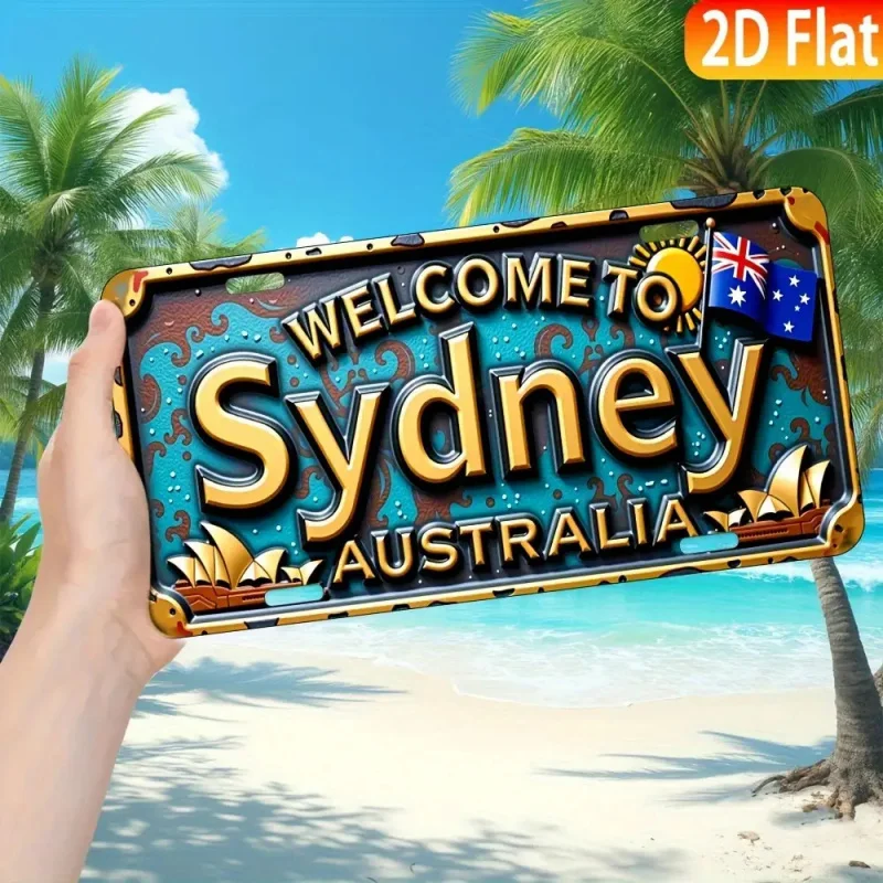 مسطح ثنائي الأبعاد، قطعة واحدة من لافتة الترخيص الأسترالية العتيقة - مرحبًا بكم في سيدني وأستراليا مع الشمس والمراكب الشراعية والنجمة #6