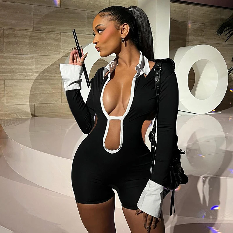 Women Hollow Backless  Playsuits Bandage Polo Neck Full Sleeve Skinny Contrast Color Hipster High Street Sexy Romper