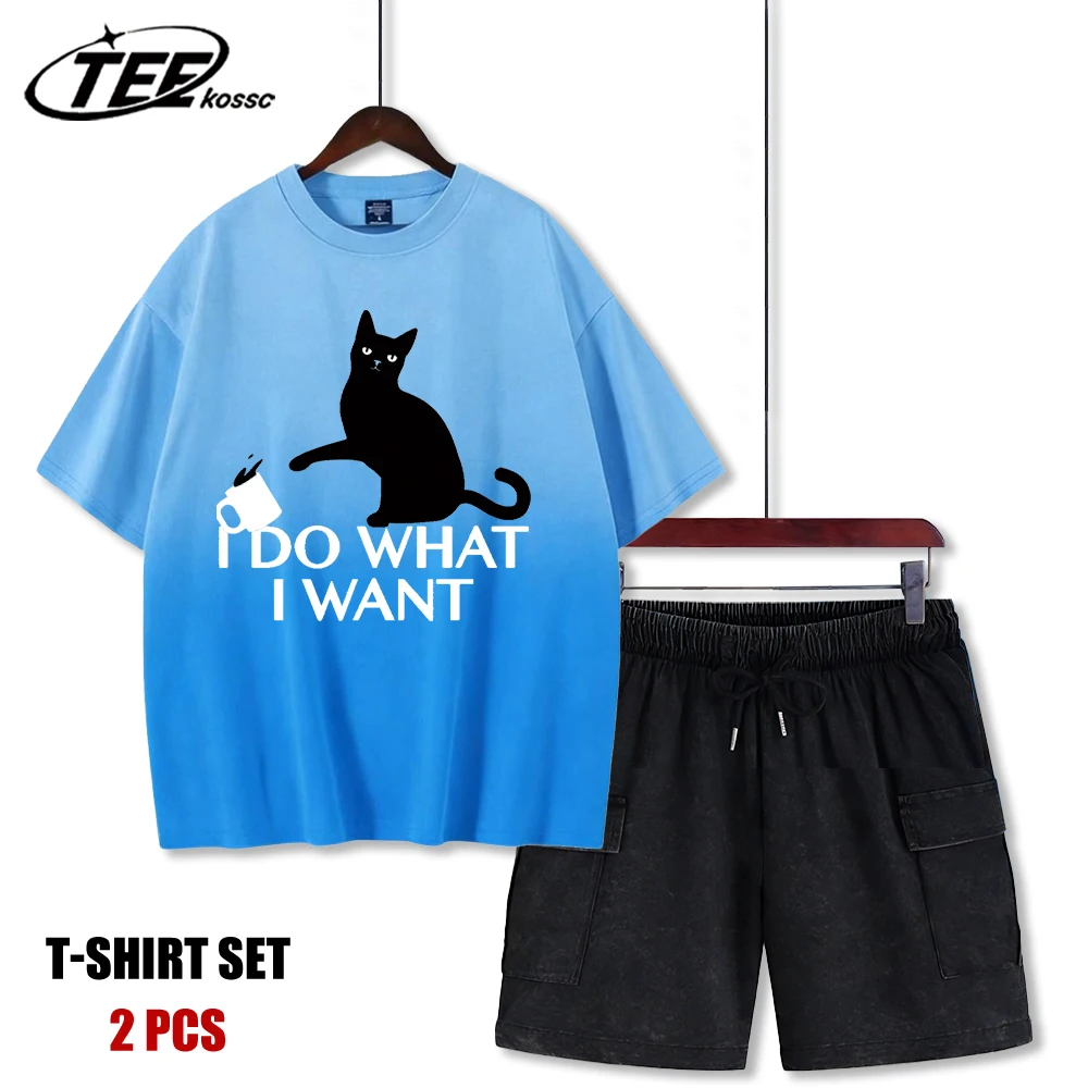 

Cat Do What It Want Design Tie-Dye T Shirt Male Summer Crewneck Clothes Trendy Cotton Short Sleeve Casual New Tee & Shorts Set